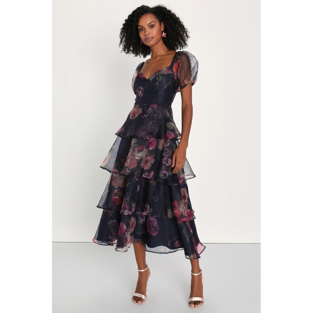 Lulus Oh-So Stunning Navy Blue Floral Organza Tiered Puff Sleeve‎ Midi Dress M